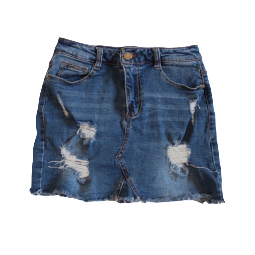 Black Label Cest Toi Denim Mini Skirt Womens Size M Blue Good Distressed Raw Hem